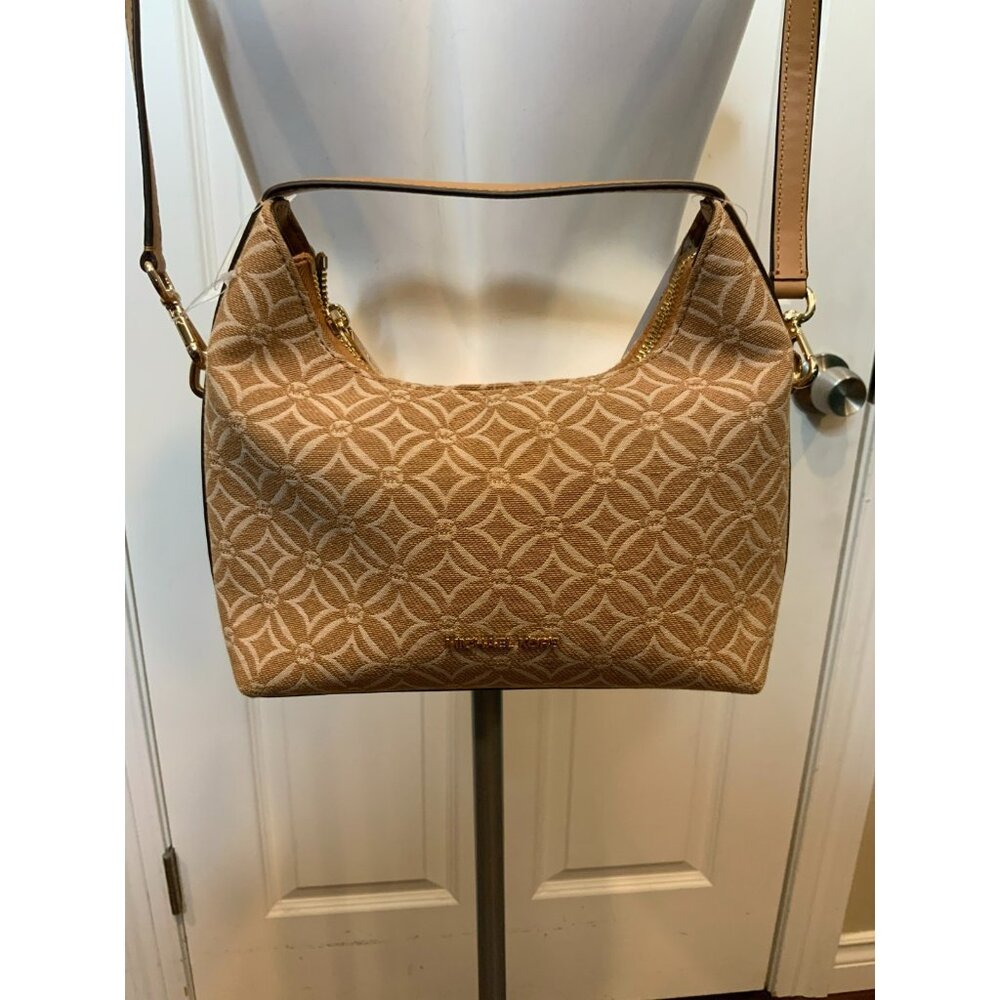 Michael Kors Tan White Logo Embroidered Ember Small Messenger Bag NWT $448